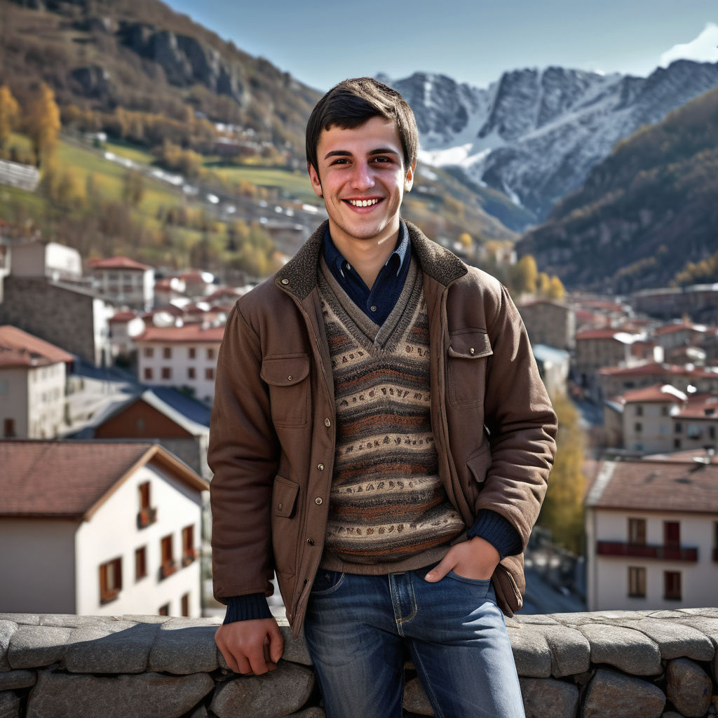 a young Andorran man in his mid-20s from Andorra. He has short, dark hair and a friendly, confident smile. His outfit reflects traditional Andorran fashion: he is wearing a stylish, casual jacket over a warm sweater, paired with jeans and sturdy boots. The background features a picturesque Andorran village with mountainous scenery, capturing the essence of Andorran culture and style.