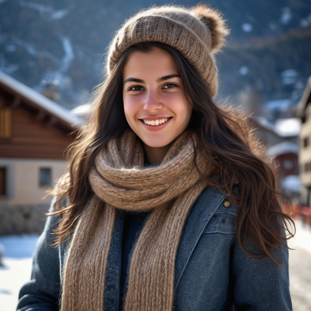 a young Andorran woman in her mid-20s from Andorra. She has long, straight dark hair and a warm, welcoming smile. Her outfit reflects traditional Andorran fashion: she is wearing a cozy, stylish sweater paired with a chic coat and warm scarf, along with jeans and winter boots. The background features a charming Andorran village with snow-capped mountains, capturing the essence of Andorran culture and style.