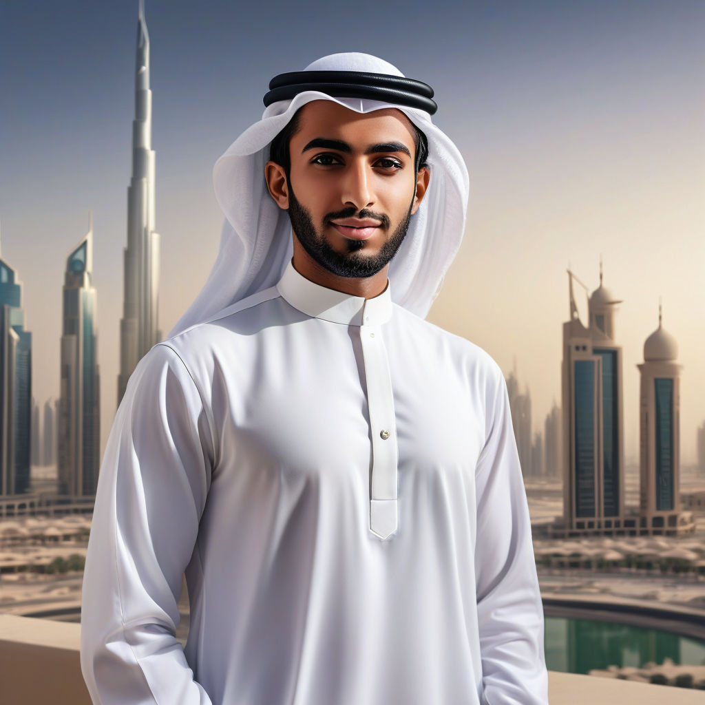 a young Emirati man in his mid-20s. He has short, dark hair and a neatly groomed beard. His outfit reflects traditional Emirati fashion: he is wearing a white kandura paired with a white ghutra secured with an agal. The background features a modern UAE cityscape with skyscrapers and traditional elements, capturing the essence of Emirati culture and style.