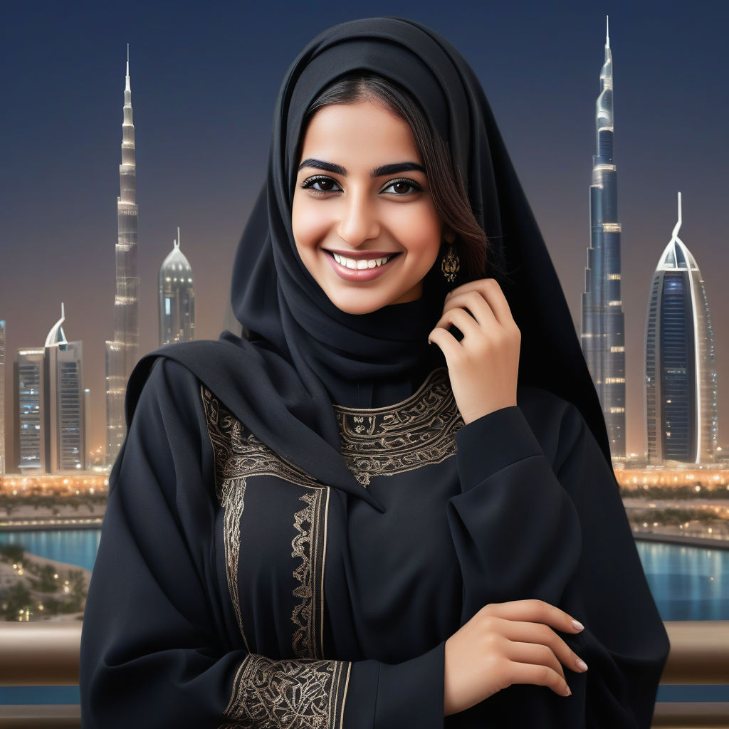 a young Emirati woman in her mid-20s. She has long, dark hair and a bright smile. Her outfit reflects traditional Emirati fashion: she is wearing a black abaya with intricate embroidery, paired with a matching shayla. The background features a modern UAE cityscape with skyscrapers and traditional elements, capturing the essence of Emirati culture and style.