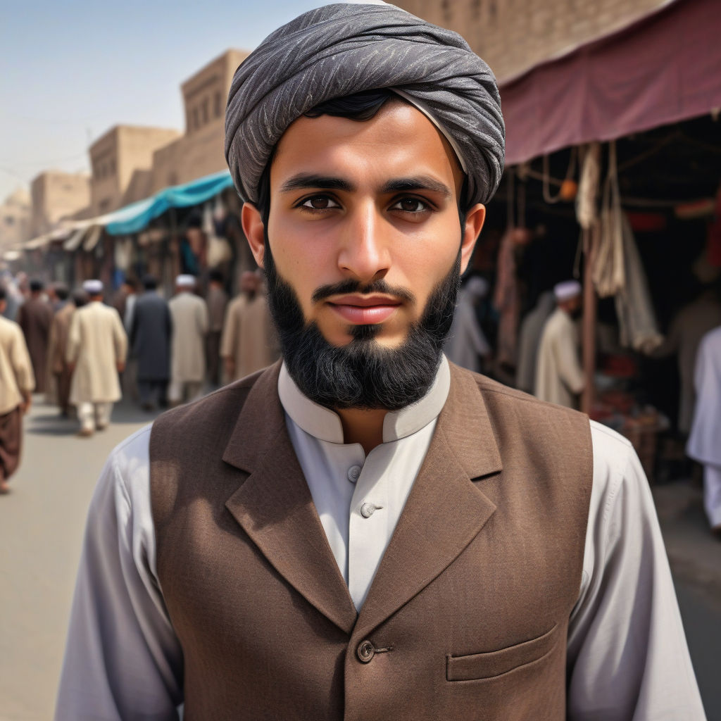 a young Afghan man in his mid-20s. He has short, dark hair and a neatly groomed beard. His outfit reflects traditional Afghan fashion: he is wearing a traditional shalwar kameez paired with a matching waistcoat and a pakol hat. The background features a bustling Afghan street with traditional markets and historic architecture, capturing the essence of Afghan culture and style.