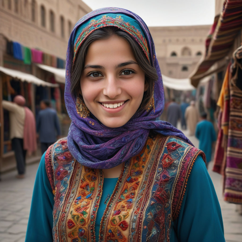 a young Afghan woman in her mid-20s. She has long, dark hair and a warm smile. Her outfit reflects traditional Afghan fashion: she is wearing a colorful, intricately embroidered dress paired with a matching headscarf. The background features a bustling Afghan street with traditional markets and historic architecture, capturing the essence of Afghan culture and style.