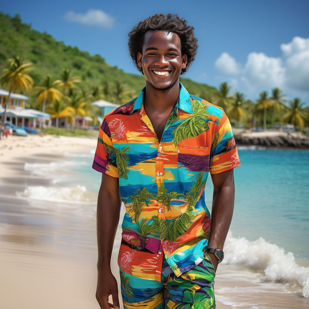 a young Antiguan man in his mid-20s from Antigua and Barbuda. He has short, curly black hair and a bright, friendly smile. His outfit reflects traditional Antiguan fashion: he is wearing a colorful, tropical shirt with vibrant patterns, paired with casual shorts and flip-flops. The background features a beautiful Antiguan beach with clear blue waters and palm trees, capturing the essence of Antiguan culture and style.