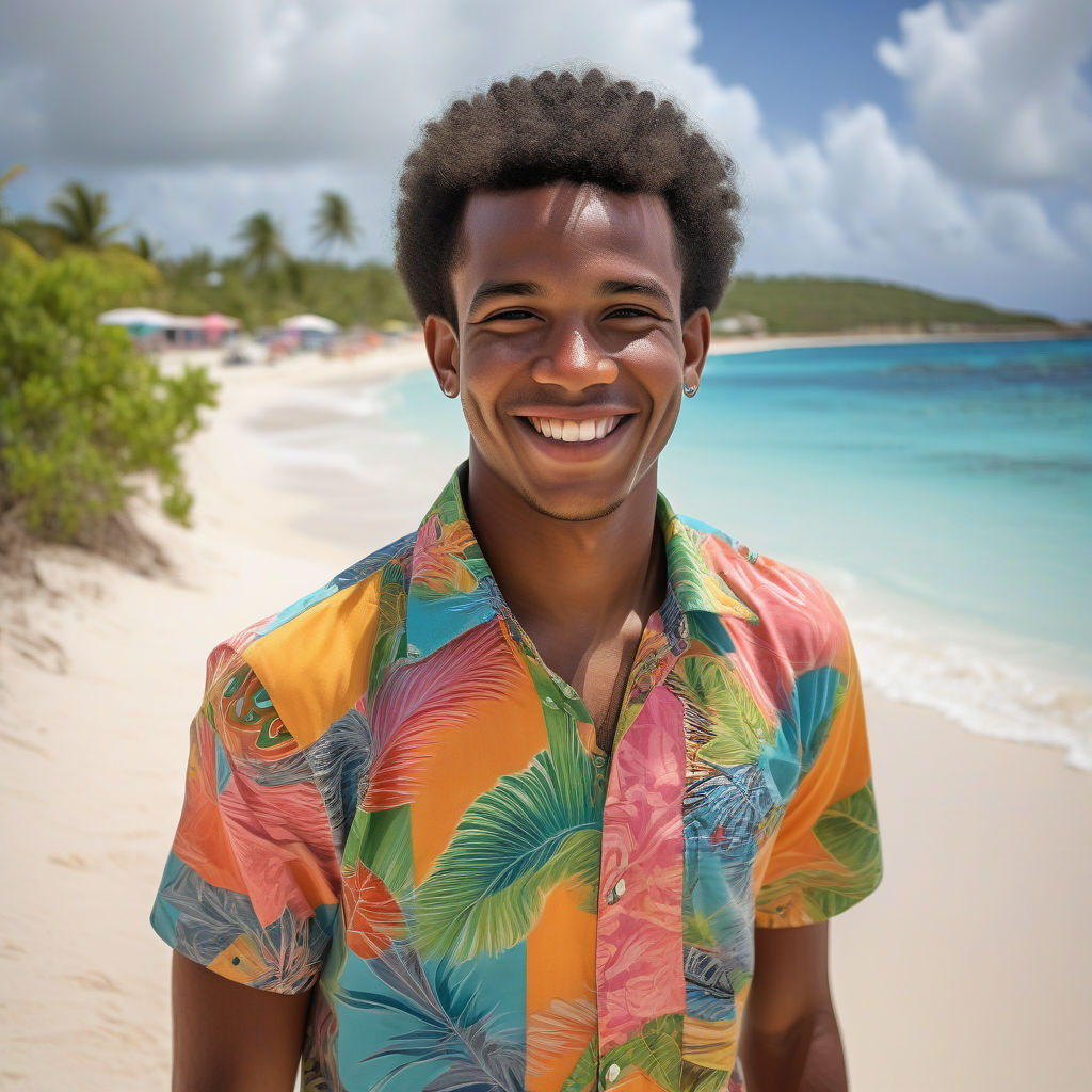 a young Anguillian man in his mid-20s from Anguilla. He has short, curly black hair and a bright, friendly smile. His outfit reflects traditional Anguillian fashion: he is wearing a colorful, tropical shirt with island patterns, paired with casual shorts and flip-flops. The background features a picturesque Anguillian beach with clear blue waters and lush palm trees, capturing the essence of Anguillian culture and style.