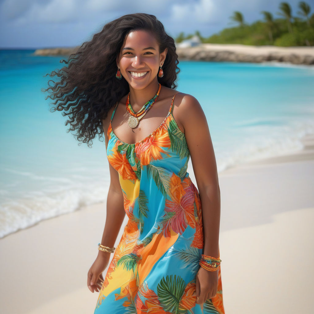 a young Anguillian woman in her mid-20s from Anguilla. She has long, curly black hair and a warm, radiant smile. Her outfit reflects traditional Anguillian fashion: she is wearing a colorful, tropical dress with island patterns, paired with simple jewelry and sandals. The background features a beautiful Anguillian beach with clear blue waters and lush palm trees, capturing the essence of Anguillian culture and style.