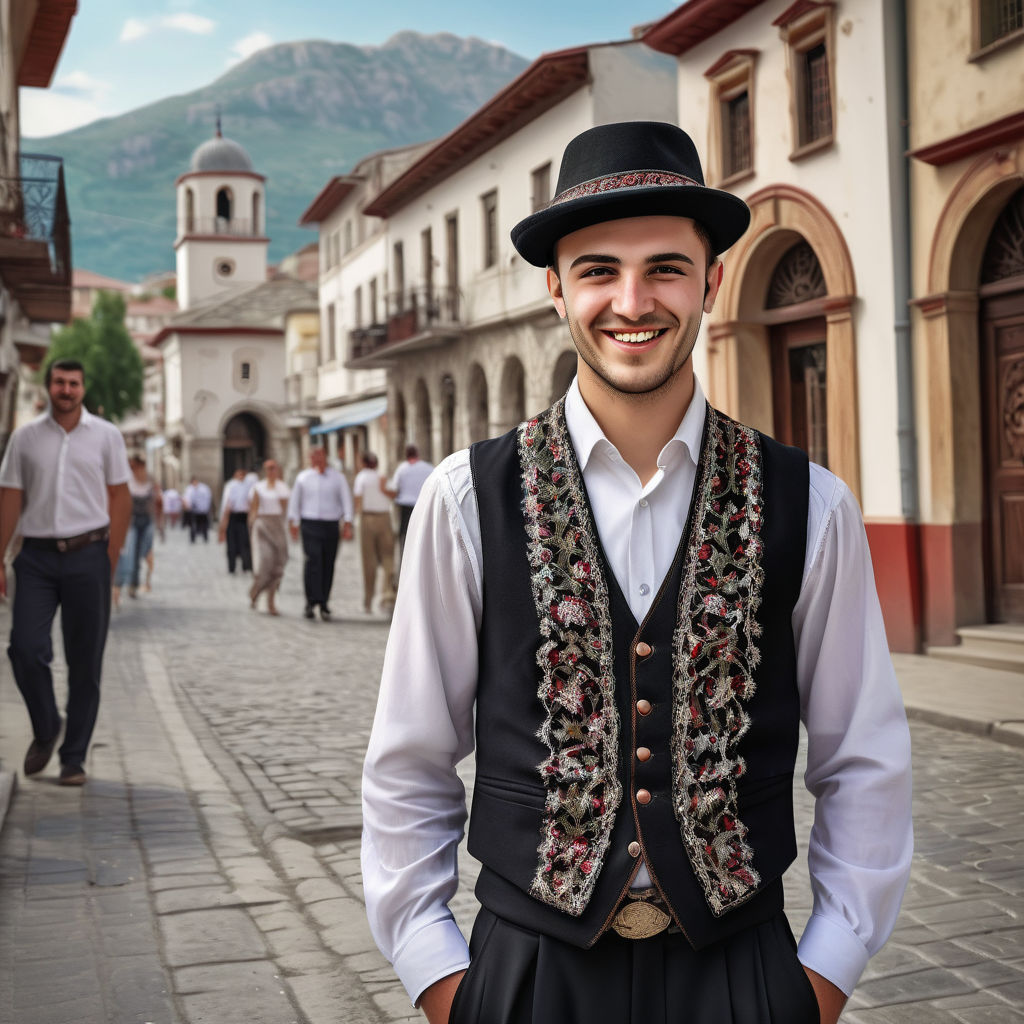 a young Albanian man in his mid-20s. He has short, dark hair and a friendly smile. His outfit reflects traditional Albanian fashion: he is wearing a white shirt with an intricately embroidered vest, paired with traditional trousers and a plis hat. The background features a picturesque Albanian street with historic buildings and a vibrant atmosphere, capturing the essence of Albanian culture and style.