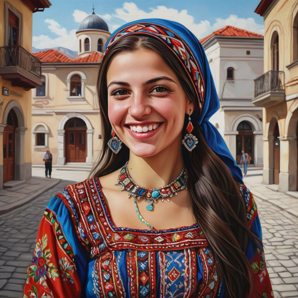 a young Albanian woman in her mid-20s. She has long, dark hair and a bright smile. Her outfit reflects traditional Albanian fashion: she is wearing a colorful, intricately embroidered dress paired with traditional jewelry and a headscarf. The background features a picturesque Albanian street with historic buildings and a vibrant atmosphere, capturing the essence of Albanian culture and style.