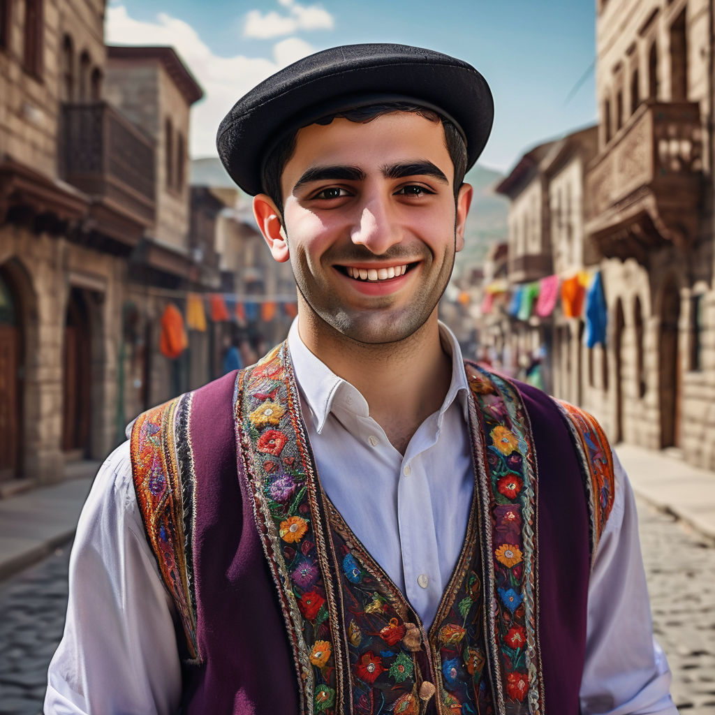 a young Armenian man in his mid-20s. He has short, dark hair and a friendly smile. His outfit reflects traditional Armenian fashion: he is wearing a traditional taraz with a colorful embroidered vest, paired with traditional trousers and a papakha hat. The background features a picturesque Armenian street with historic buildings and a vibrant atmosphere, capturing the essence of Armenian culture and style.