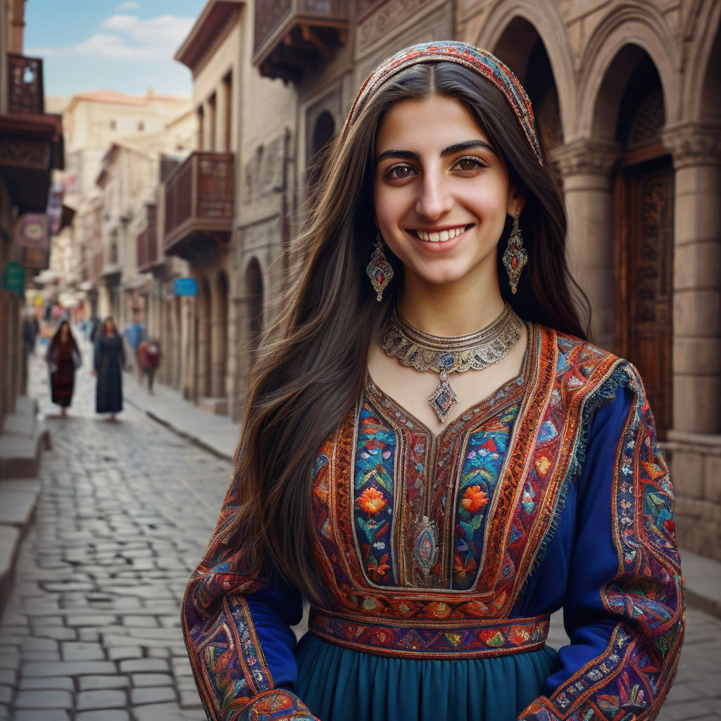 a young Armenian woman in her mid-20s. She has long, dark hair and a warm smile. Her outfit reflects traditional Armenian fashion: she is wearing a traditional taraz dress with colorful, intricate embroidery, paired with traditional jewelry. The background features a picturesque Armenian street with historic buildings and a vibrant atmosphere, capturing the essence of Armenian culture and style.