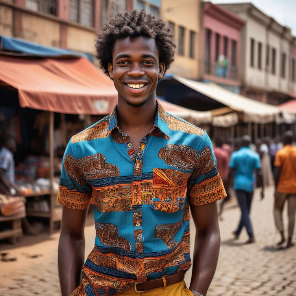 a young Angolan man in his mid-20s. He has short, curly black hair and a warm smile. His outfit reflects modern Angolan fashion: he is wearing a traditional African print shirt with vibrant patterns, paired with casual trousers and leather sandals. The background features a lively Angolan street with bustling markets and traditional architecture, capturing the essence of Angolan culture and style.