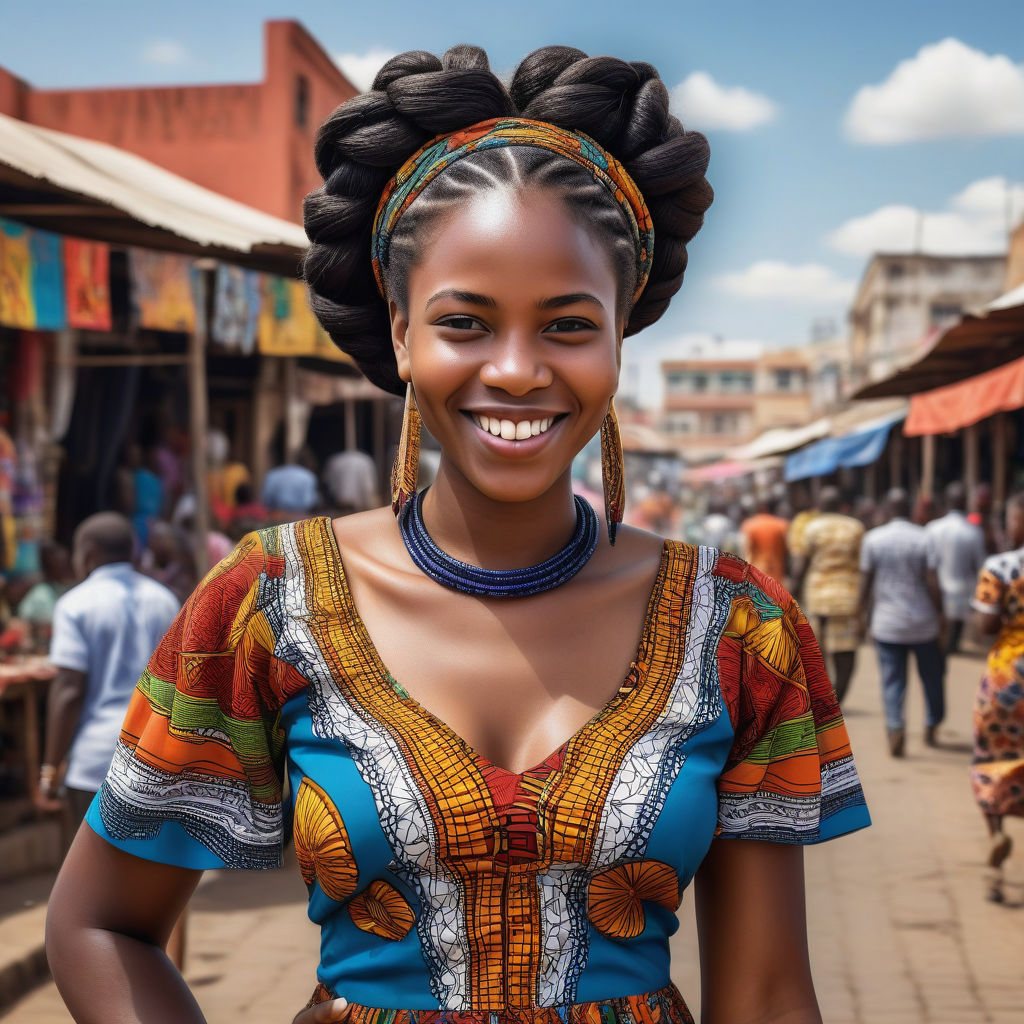 a young Angolan woman in her mid-20s. She has long, braided black hair and a bright smile. Her outfit reflects modern Angolan fashion: she is wearing a traditional African print dress with vibrant patterns, paired with traditional jewelry. The background features a lively Angolan street with bustling markets and traditional architecture, capturing the essence of Angolan culture and style.