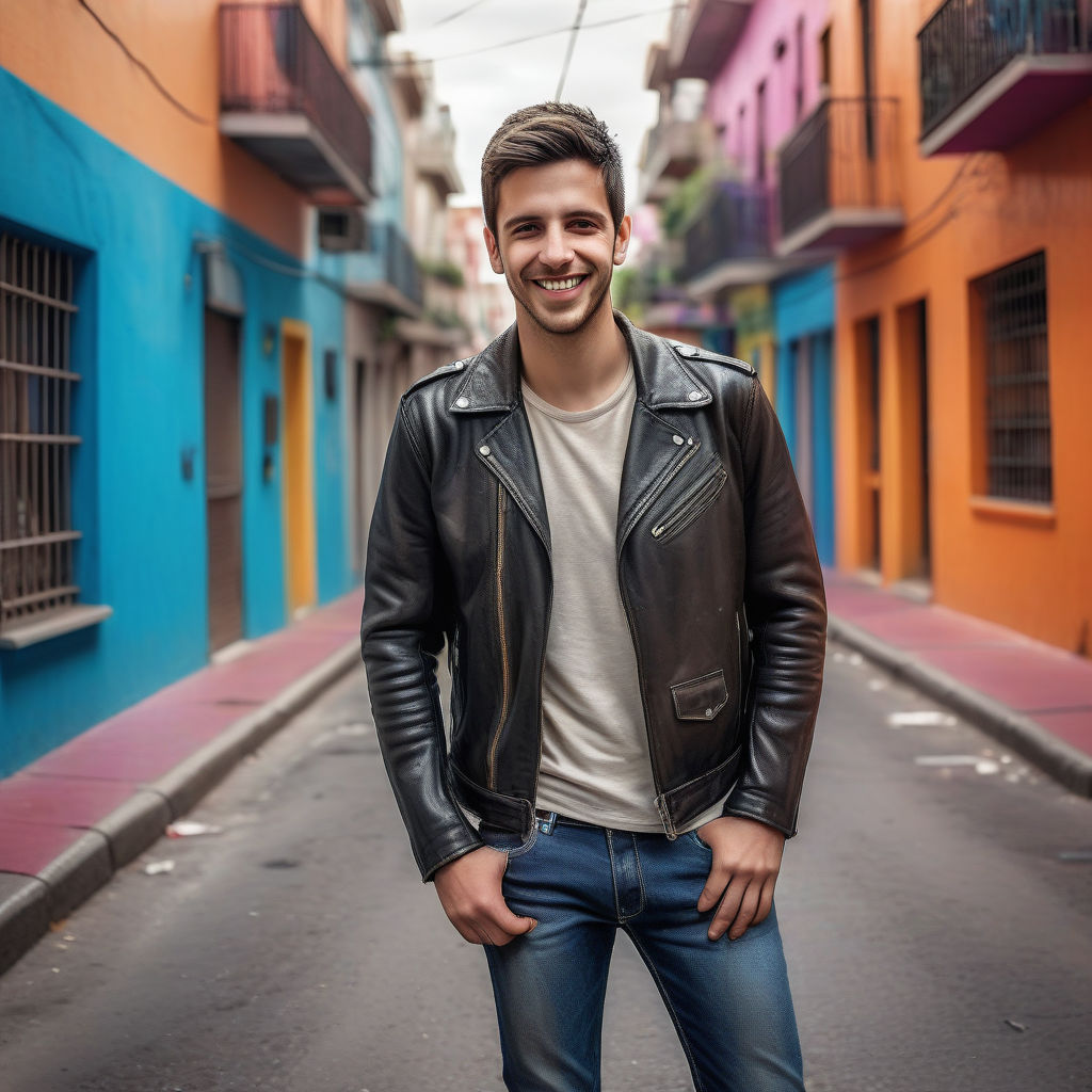 a young Argentine man in his mid-20s. He has short, dark hair, a light beard, and a confident smile. His outfit reflects modern Argentine fashion: he is wearing a stylish leather jacket over a casual t-shirt, paired with fitted jeans and leather boots. The background features a vibrant Buenos Aires street with colorful buildings and lively atmosphere, capturing the essence of Argentine culture and style.