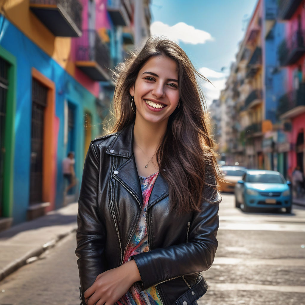 a young Argentine woman in her mid-20s. She has long, dark hair and a bright smile. Her outfit reflects modern Argentine fashion: she is wearing a stylish dress with a leather jacket and ankle boots. The background features a vibrant Buenos Aires street with colorful buildings and lively atmosphere, capturing the essence of Argentine culture and style.