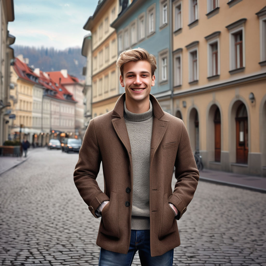 a young Austrian man in his mid-20s. He has short, dark blonde hair and a friendly smile. His outfit reflects modern Austrian fashion: he is wearing a stylish, fitted wool coat over a casual sweater, paired with slim-fit jeans and leather boots. The background features a picturesque Austrian street with historic buildings and a cozy atmosphere, capturing the essence of Austrian culture and style.