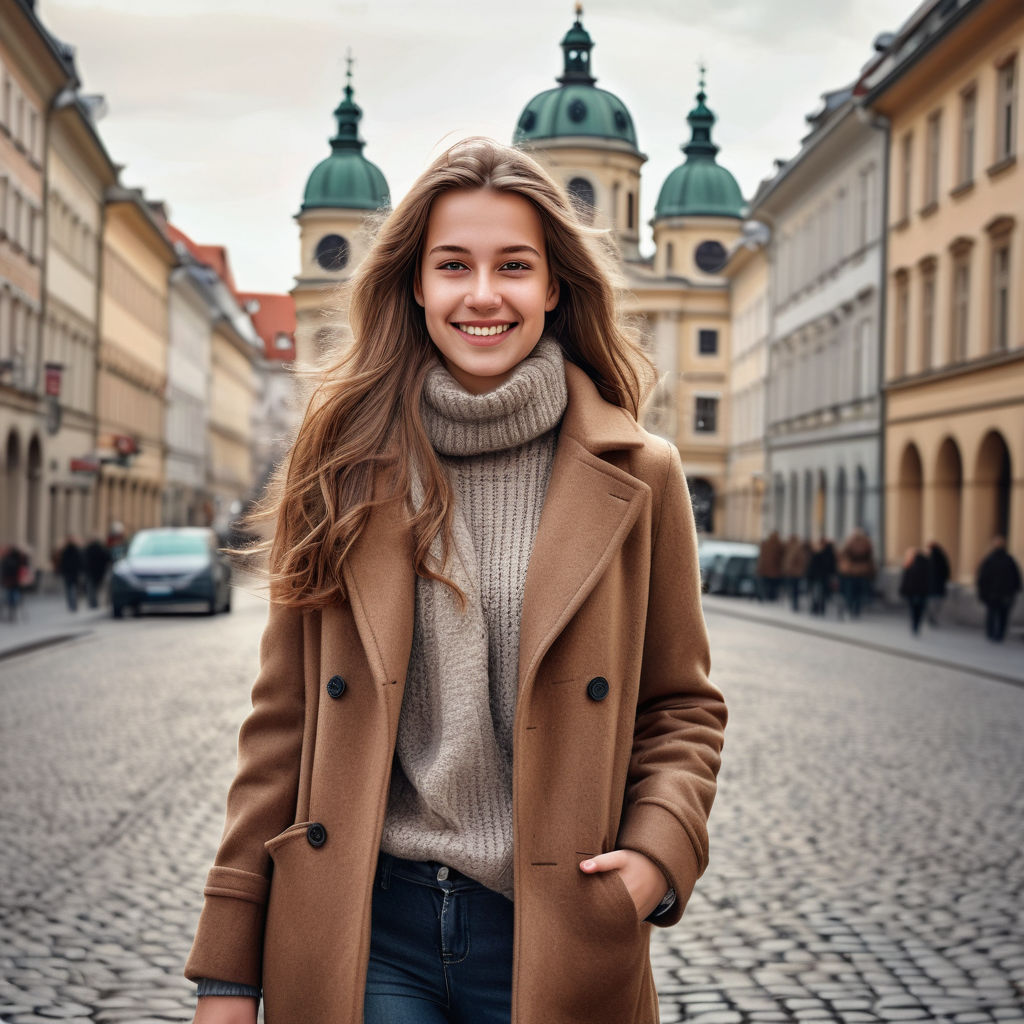 a young Austrian woman in her mid-20s. She has long, light brown hair and a warm smile. Her outfit reflects modern Austrian fashion: she is wearing a stylish, fitted wool coat over a cozy sweater, paired with slim-fit jeans and ankle boots. The background features a charming Austrian street with historic buildings and a cozy atmosphere, capturing the essence of Austrian culture and style.