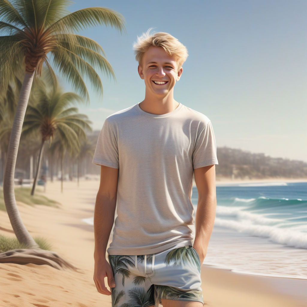 a young Australian man in his mid-20s. He has short, sandy blonde hair and a relaxed smile. His outfit reflects modern Australian fashion: he is wearing a casual t-shirt paired with board shorts and flip-flops. The background features a sunny Australian beach scene with the ocean and palm trees, capturing the laid-back essence of Australian culture and style.