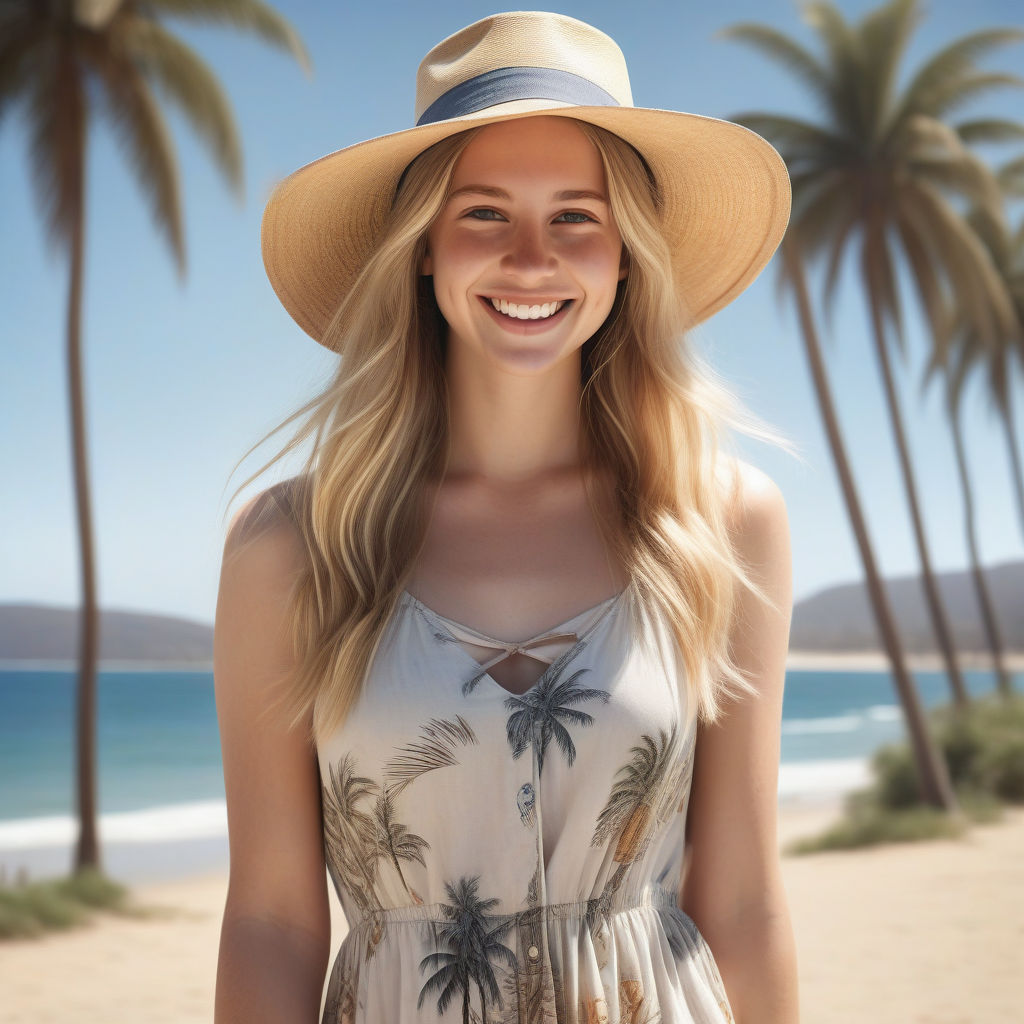 a young Australian woman in her mid-20s. She has long, sun-kissed blonde hair and a cheerful smile. Her outfit reflects modern Australian fashion: she is wearing a casual sundress paired with sandals and a wide-brimmed hat. The background features a sunny Australian beach with the ocean and palm trees, capturing the laid-back and vibrant essence of Australian culture and style.