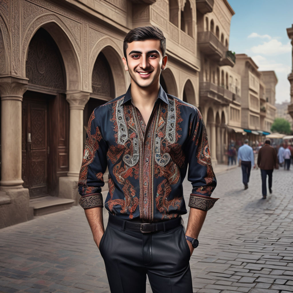 a young Azerbaijani man in his mid-20s. He has short, dark hair and a warm smile. His outfit reflects modern Azerbaijani fashion: he is wearing a traditional, intricately embroidered shirt paired with dark trousers and leather shoes. The background features a lively Azerbaijani street with historic architecture and vibrant markets, capturing the essence of Azerbaijani culture and style.