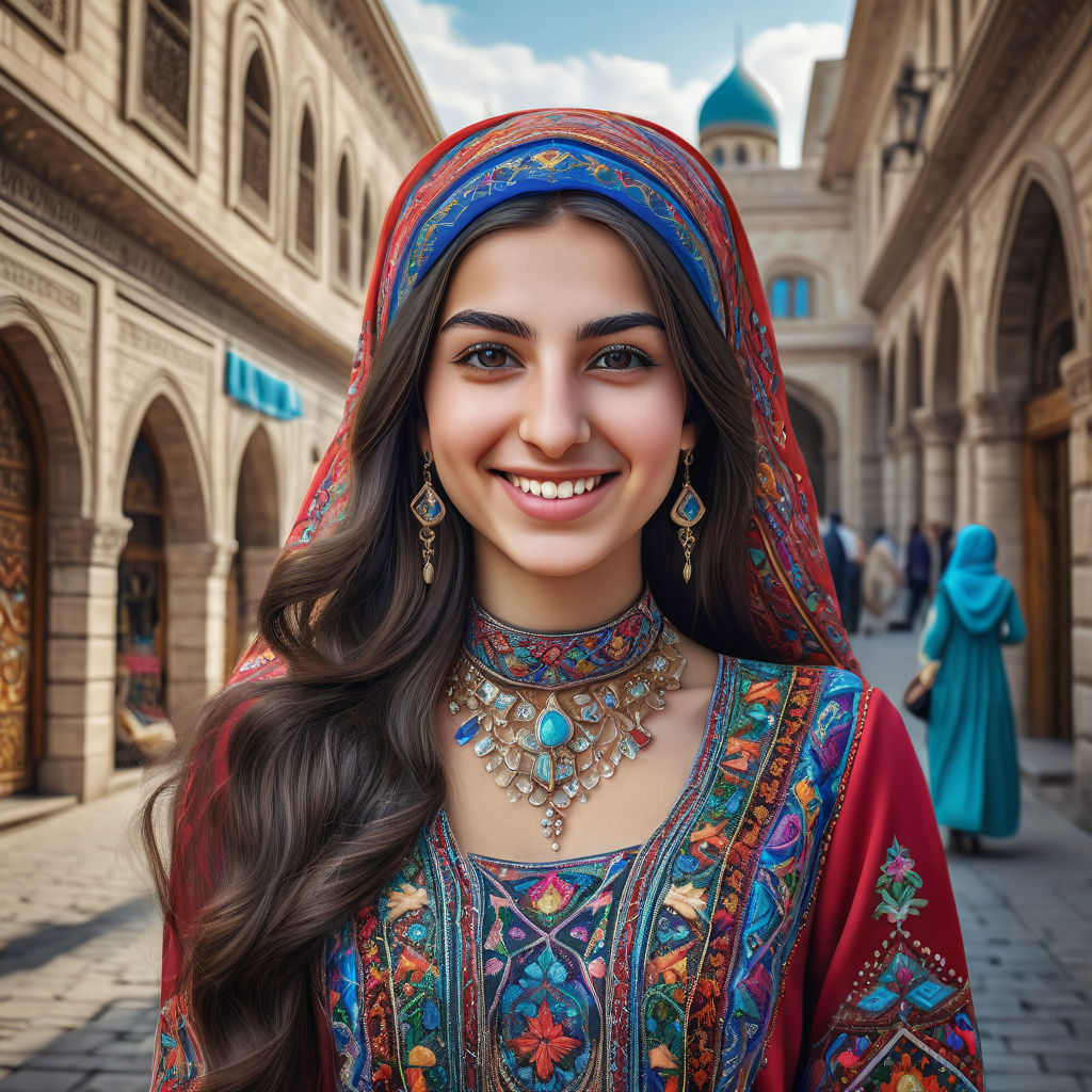 a young Azerbaijani woman in her mid-20s. She has long, dark hair and a bright smile. Her outfit reflects modern Azerbaijani fashion: she is wearing a traditional, colorful dress with intricate embroidery, paired with a matching headscarf and traditional jewelry. The background features a lively Azerbaijani street with historic architecture and vibrant markets, capturing the essence of Azerbaijani culture and style.