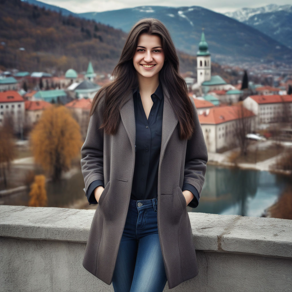 a young Bosnian woman in her mid-20s from Bosnia and Herzegovina. She has long, dark hair and a warm smile. Her outfit reflects modern Bosnian fashion: she is wearing a stylish, fitted coat over a fashionable blouse, paired with slim-fit jeans and ankle boots. The background features a picturesque Bosnian street with historic buildings and a vibrant atmosphere, capturing the essence of Bosnian culture and style.