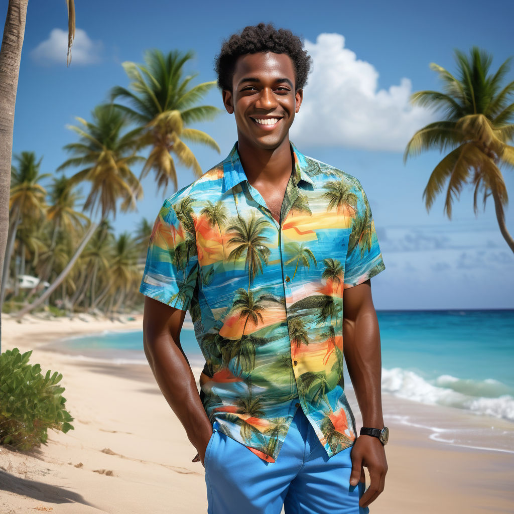 a young Barbadian man in his mid-20s from Barbados. He has short, curly black hair and a warm smile. His outfit reflects modern Barbadian fashion: he is wearing a colorful, tropical shirt paired with comfortable shorts and sandals. The background features a picturesque Barbadian beach with palm trees and clear blue water, capturing the essence of Barbadian culture and style.