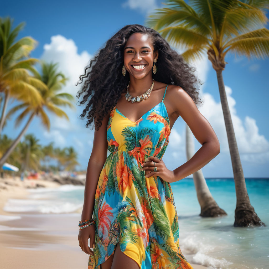 a young Barbadian woman in her mid-20s from Barbados. She has long, curly black hair and a bright smile. Her outfit reflects modern Barbadian fashion: she is wearing a colorful, flowing dress paired with stylish sandals and traditional jewelry. The background features a picturesque Barbadian beach with palm trees and clear blue water, capturing the essence of Barbadian culture and style.