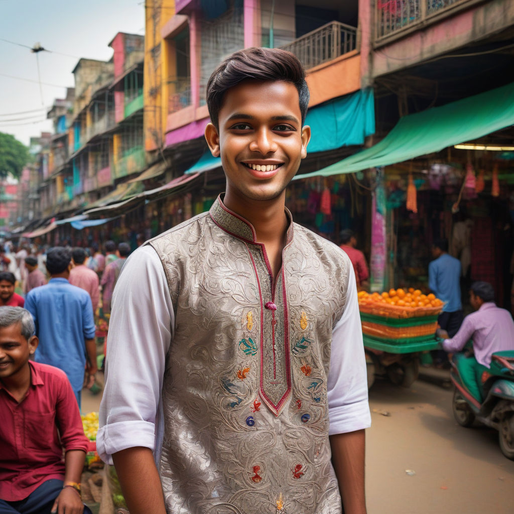 a young Bangladeshi man in his mid-20s. He has short, dark hair and a friendly smile. His outfit reflects modern Bangladeshi fashion: he is wearing a traditional kurta with intricate embroidery, paired with fitted trousers and sandals. The background features a vibrant Dhaka street with colorful markets and traditional architecture, capturing the essence of Bangladeshi culture and style.