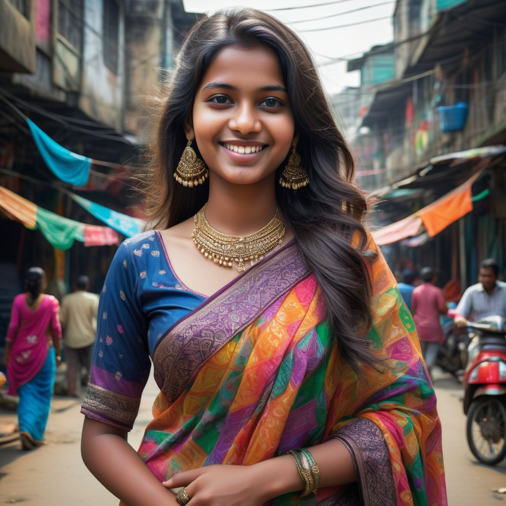 a young Bangladeshi woman in her mid-20s. She has long, dark hair and a warm smile. Her outfit reflects modern Bangladeshi fashion: she is wearing a colorful saree with intricate patterns, paired with traditional jewelry. The background features a lively Dhaka street with bustling markets and traditional architecture, capturing the essence of Bangladeshi culture and style.