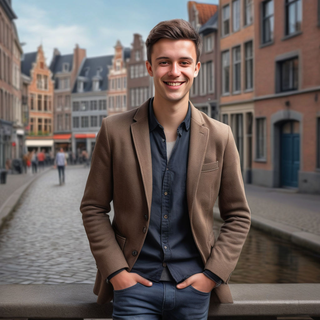 a young Belgian man in his mid-20s. He has short, dark brown hair and a friendly smile. His outfit reflects modern Belgian fashion: he is wearing a stylish, fitted blazer over a casual shirt, paired with slim-fit jeans and leather shoes. The background features a picturesque Belgian street with historic buildings and a cozy atmosphere, capturing the essence of Belgian culture and style.