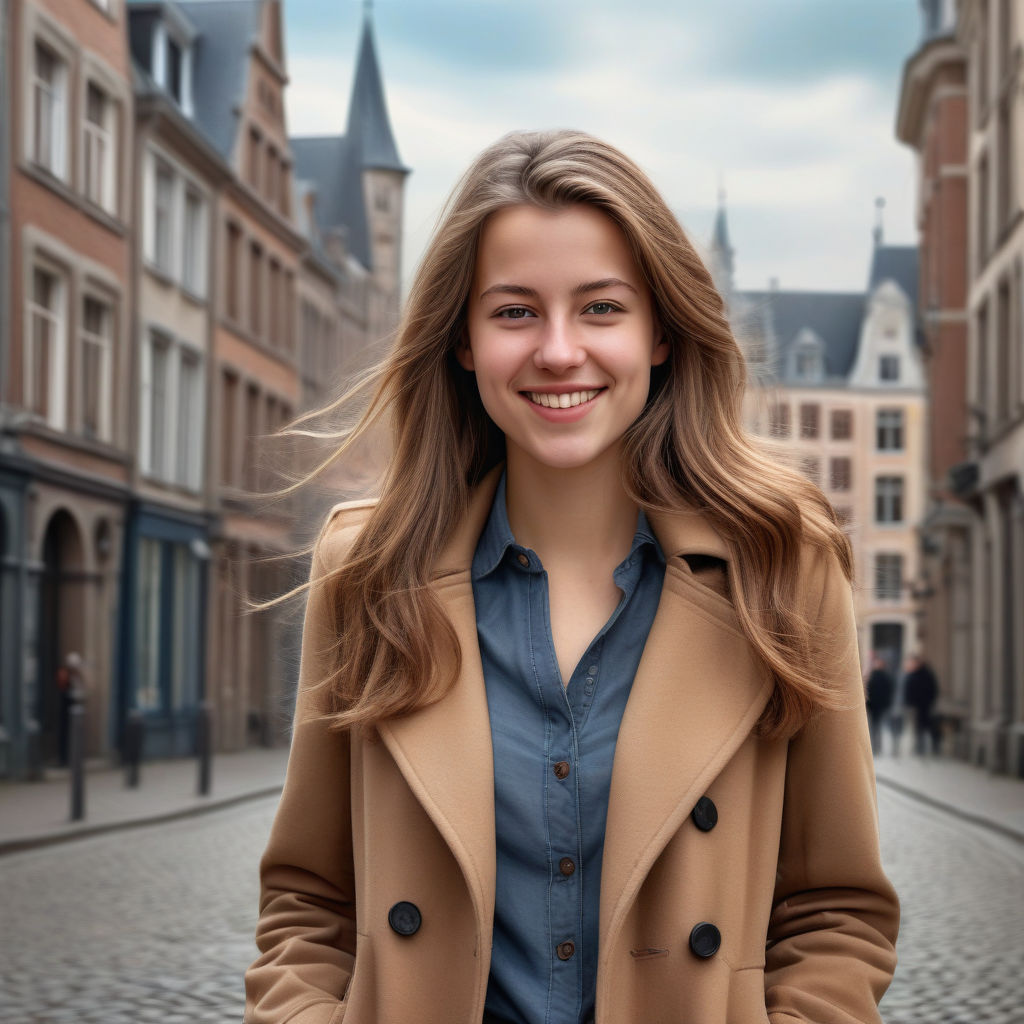 a young Belgian woman in her mid-20s. She has long, light brown hair and a warm smile. Her outfit reflects modern Belgian fashion: she is wearing a stylish, fitted coat over a fashionable blouse, paired with skinny jeans and ankle boots. The background features a charming Belgian street with historic buildings and a cozy atmosphere, capturing the essence of Belgian culture and style.