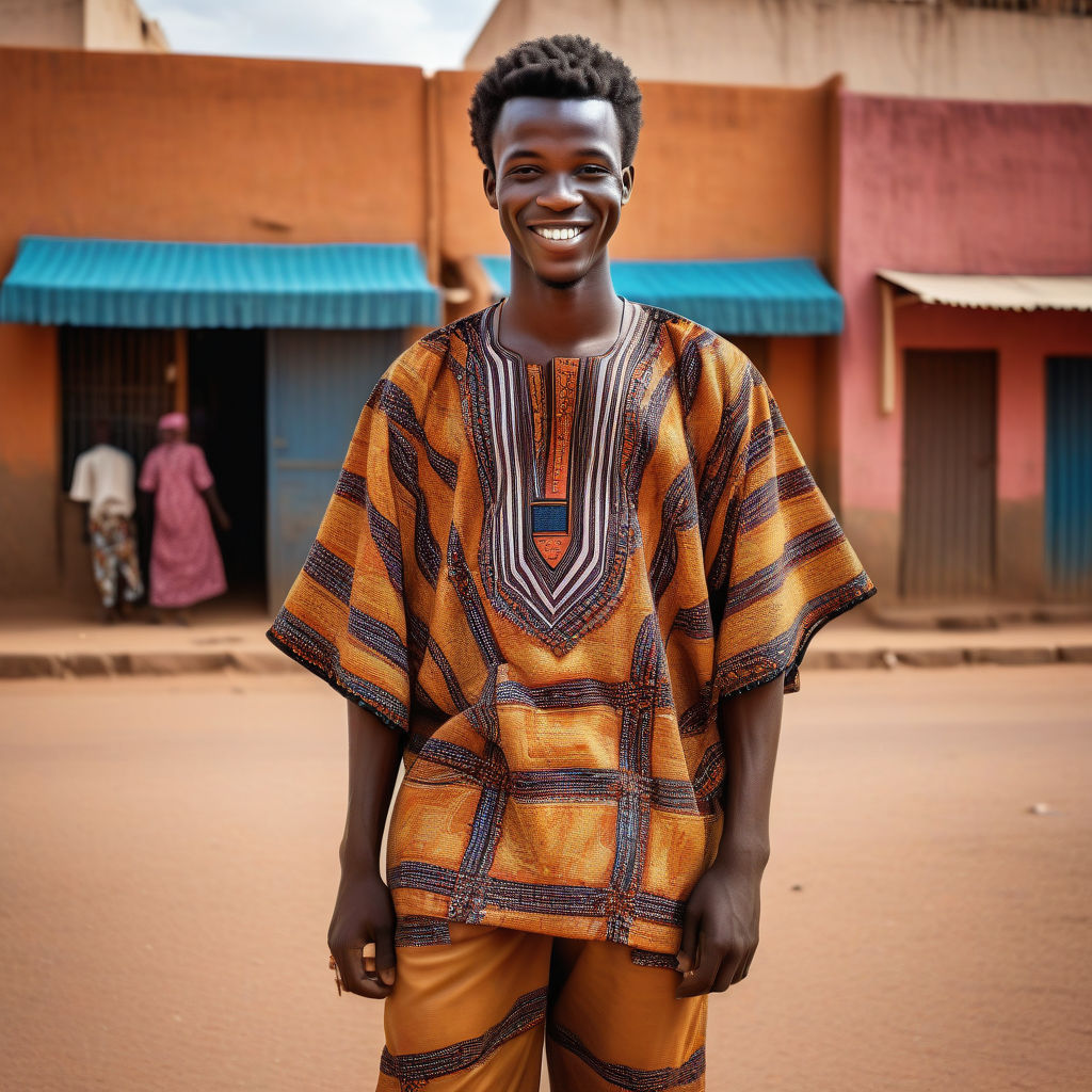 a young Burkinabe man in his mid-20s from Burkina Faso. He has short, curly black hair and a warm smile. His outfit reflects modern Burkinabe fashion: he is wearing a traditional boubou with vibrant patterns, paired with comfortable trousers and leather sandals. The background features a lively Burkinabe street with bustling markets and traditional architecture, capturing the essence of Burkinabe culture and style.