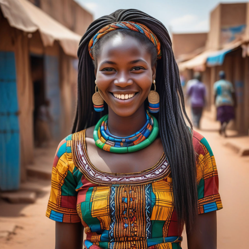 a young Burkinabe woman in her mid-20s from Burkina Faso. She has long, braided black hair and a bright smile. Her outfit reflects modern Burkinabe fashion: she is wearing a traditional pagne dress with vibrant patterns, paired with traditional jewelry. The background features a lively Burkinabe street with bustling markets and traditional architecture, capturing the essence of Burkinabe culture and style.