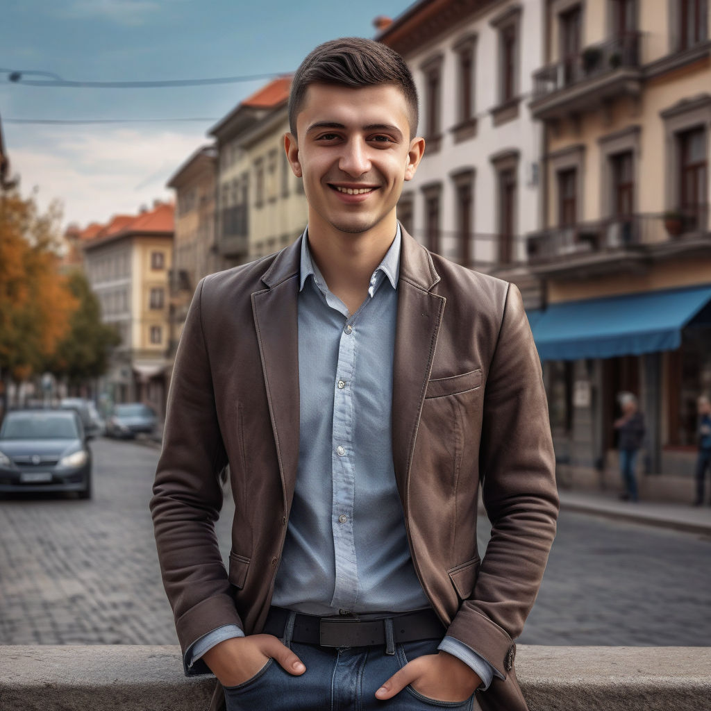 a young Bulgarian man in his mid-20s. He has short, dark hair and a friendly smile. His outfit reflects modern Bulgarian fashion: he is wearing a stylish, fitted blazer over a casual shirt, paired with slim-fit jeans and leather shoes. The background features a picturesque Bulgarian street with historic buildings and a cozy atmosphere, capturing the essence of Bulgarian culture and style.