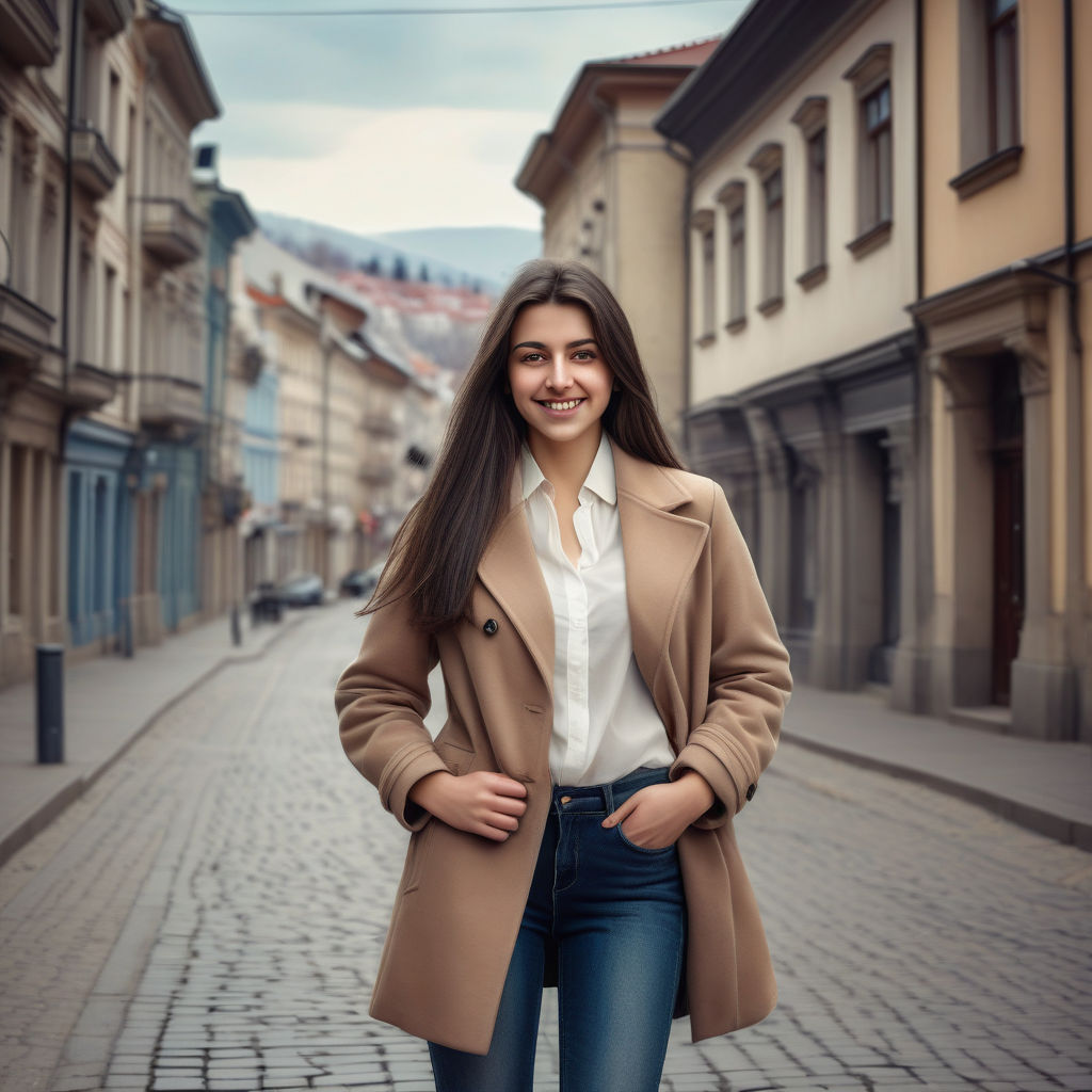 a young Bulgarian woman in her mid-20s. She has long, dark hair and a warm smile. Her outfit reflects modern Bulgarian fashion: she is wearing a stylish, fitted coat over a fashionable blouse, paired with slim-fit jeans and ankle boots. The background features a picturesque Bulgarian street with historic buildings and a cozy atmosphere, capturing the essence of Bulgarian culture and style.