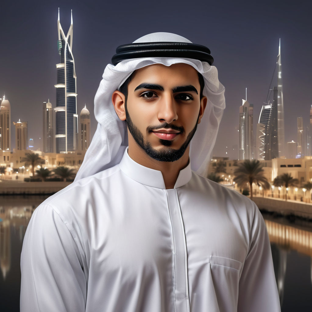 a young Bahraini man in his mid-20s. He has short, dark hair and a neatly groomed beard. His outfit reflects traditional Bahraini fashion: he is wearing a white thobe paired with a ghutra and agal. The background features a modern Bahraini cityscape with a blend of traditional and contemporary architecture, capturing the essence of Bahraini culture and style.