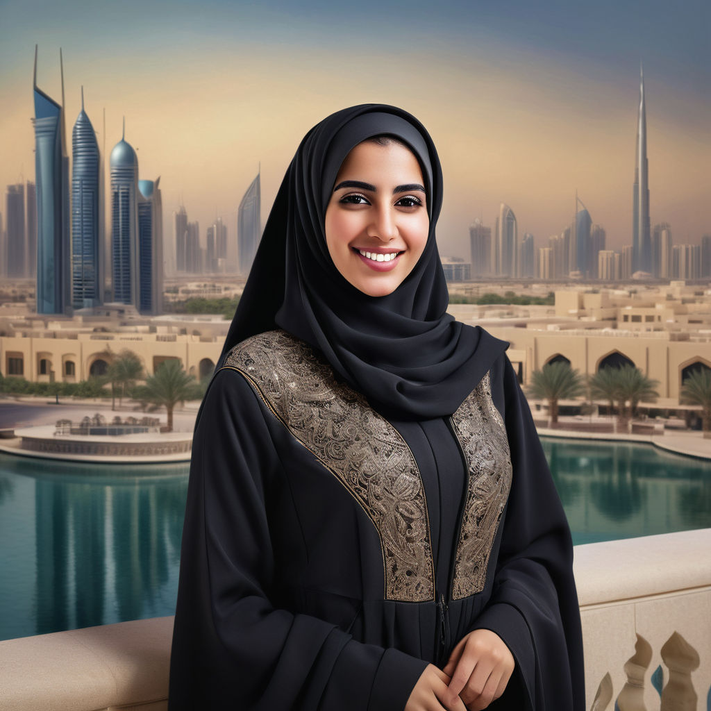 a young Bahraini woman in her mid-20s. She has long, dark hair and a warm smile. Her outfit reflects traditional Bahraini fashion: she is wearing an elegant abaya with intricate embroidery, paired with a matching hijab. The background features a modern Bahraini cityscape with a blend of traditional and contemporary architecture, capturing the essence of Bahraini culture and style.