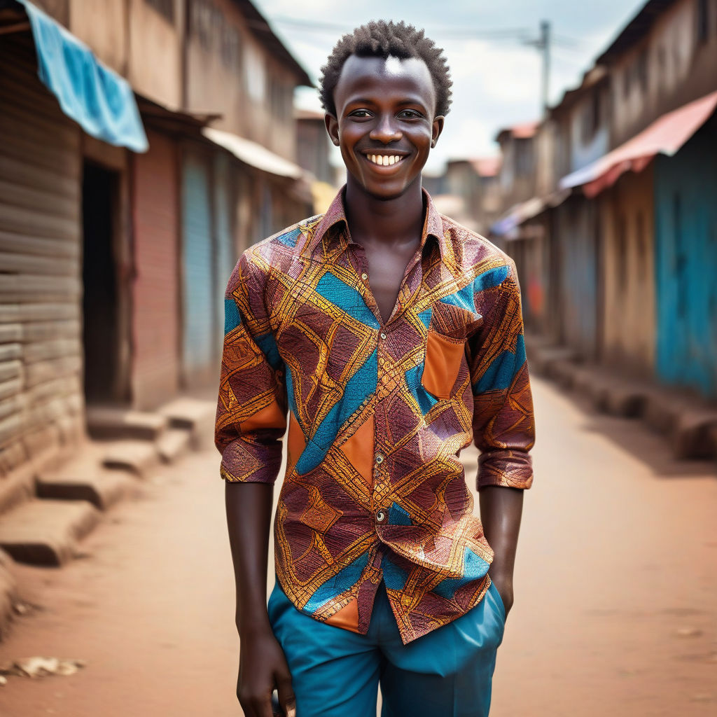 a young Burundian man in his mid-20s from Burundi. He has short, curly black hair and a warm smile. His outfit reflects traditional Burundian fashion: he is wearing a colorful kitenge shirt with intricate patterns, paired with comfortable trousers and leather sandals. The background features a lively Burundian street with bustling markets and traditional architecture, capturing the essence of Burundian culture and style.