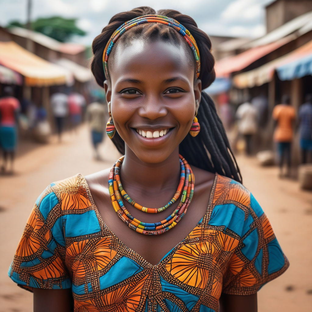 a young Burundian woman in her mid-20s from Burundi. She has long, braided black hair and a bright smile. Her outfit reflects traditional Burundian fashion: she is wearing a colorful kitenge dress with intricate patterns, paired with traditional jewelry. The background features a lively Burundian street with bustling markets and traditional architecture, capturing the essence of Burundian culture and style.