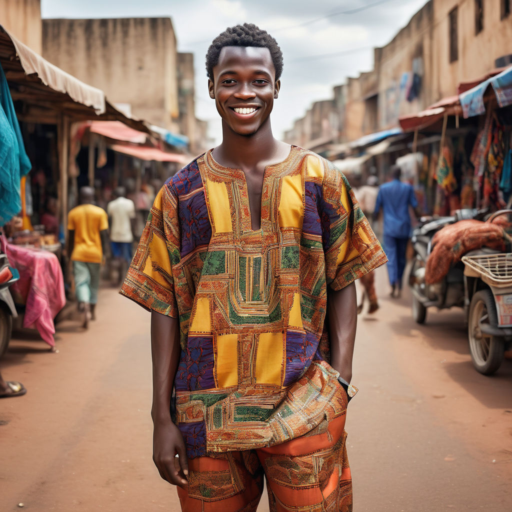 a young Beninese man in his mid-20s. He has short, curly black hair and a warm smile. His outfit reflects modern Beninese fashion: he is wearing a traditional boubou with vibrant patterns, paired with comfortable trousers and leather sandals. The background features a lively Beninese street with bustling markets and traditional architecture, capturing the essence of Beninese culture and style.