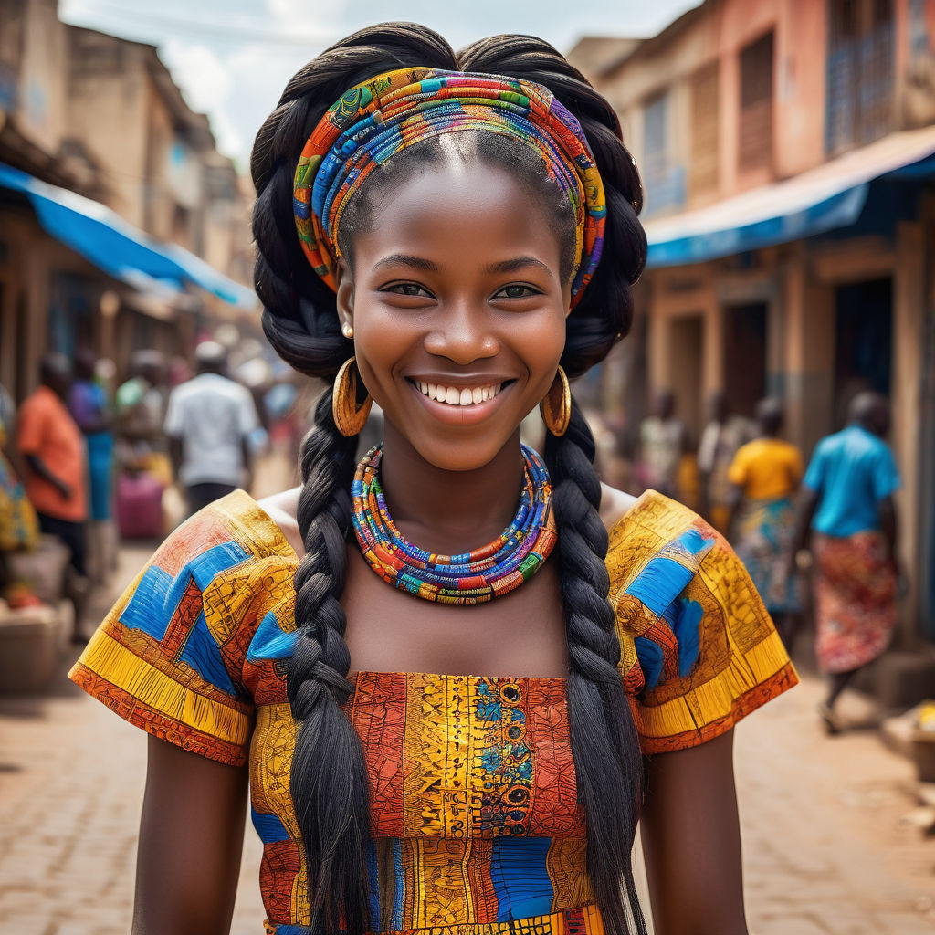 a young Beninese woman in her mid-20s. She has long, braided black hair and a bright smile. Her outfit reflects modern Beninese fashion: she is wearing a traditional pagne dress with vibrant patterns, paired with traditional jewelry. The background features a lively Beninese street with bustling markets and traditional architecture, capturing the essence of Beninese culture and style.