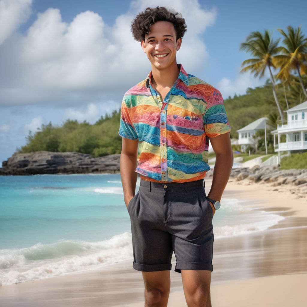 a young Bermudian man in his mid-20s from Bermuda. He has short, curly black hair and a confident, friendly smile. His outfit reflects traditional Bermudian fashion: he is wearing a smart, colorful shirt with Bermuda shorts, paired with knee-high socks and loafers. The background features a picturesque Bermudian beach with clear blue waters and lush greenery, capturing the essence of Bermudian culture and style.