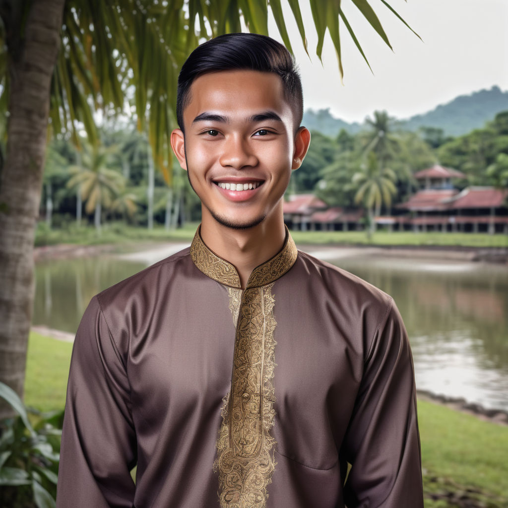 a young Bruneian man in his mid-20s from Brunei. He has short, dark hair and a friendly smile. His outfit reflects traditional Bruneian fashion: wearing a baju melayu, a traditional Malay outfit consisting of a long-sleeved shirt and trousers, paired with a songkok. The background features a picturesque Bruneian street with a mix of modern and traditional architecture, capturing the essence of Bruneian culture and style.