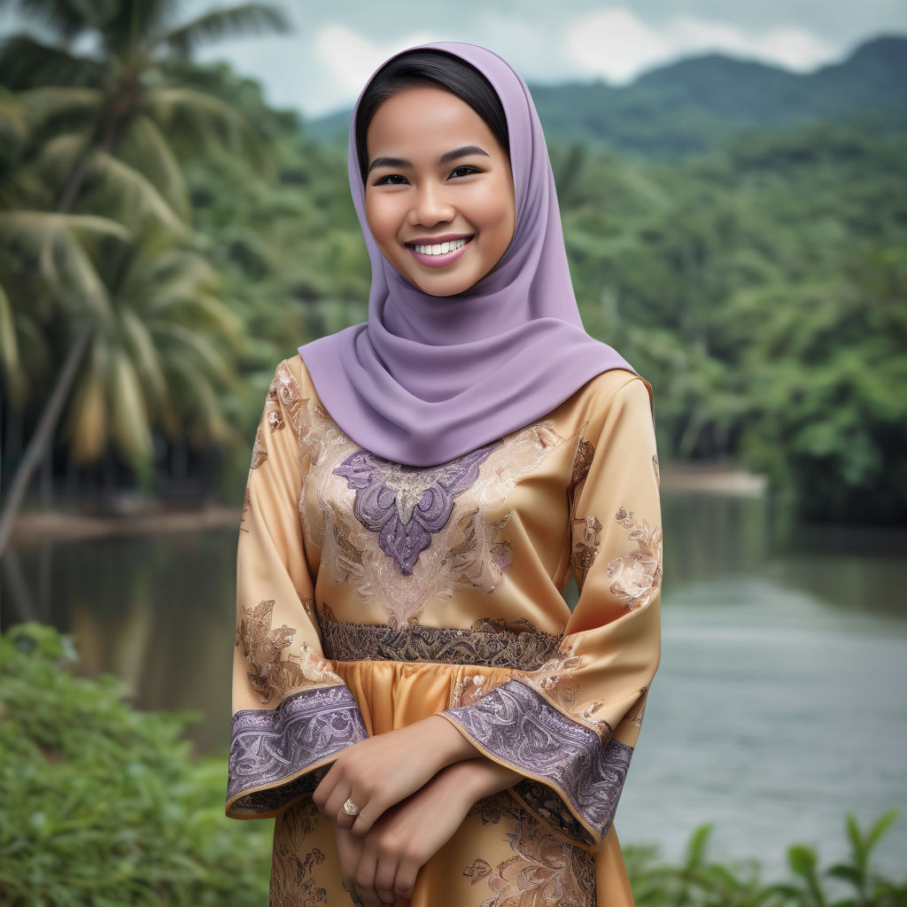 a young Bruneian woman in her mid-20s from Brunei. She has long, dark hair and a bright smile. Her outfit reflects traditional Bruneian fashion: wearing a baju kurung, a traditional Malay outfit consisting of a long tunic and a skirt, paired with a hijab and traditional jewelry. The background features a picturesque Bruneian street with a mix of modern and traditional architecture, capturing the essence of Bruneian culture and style.