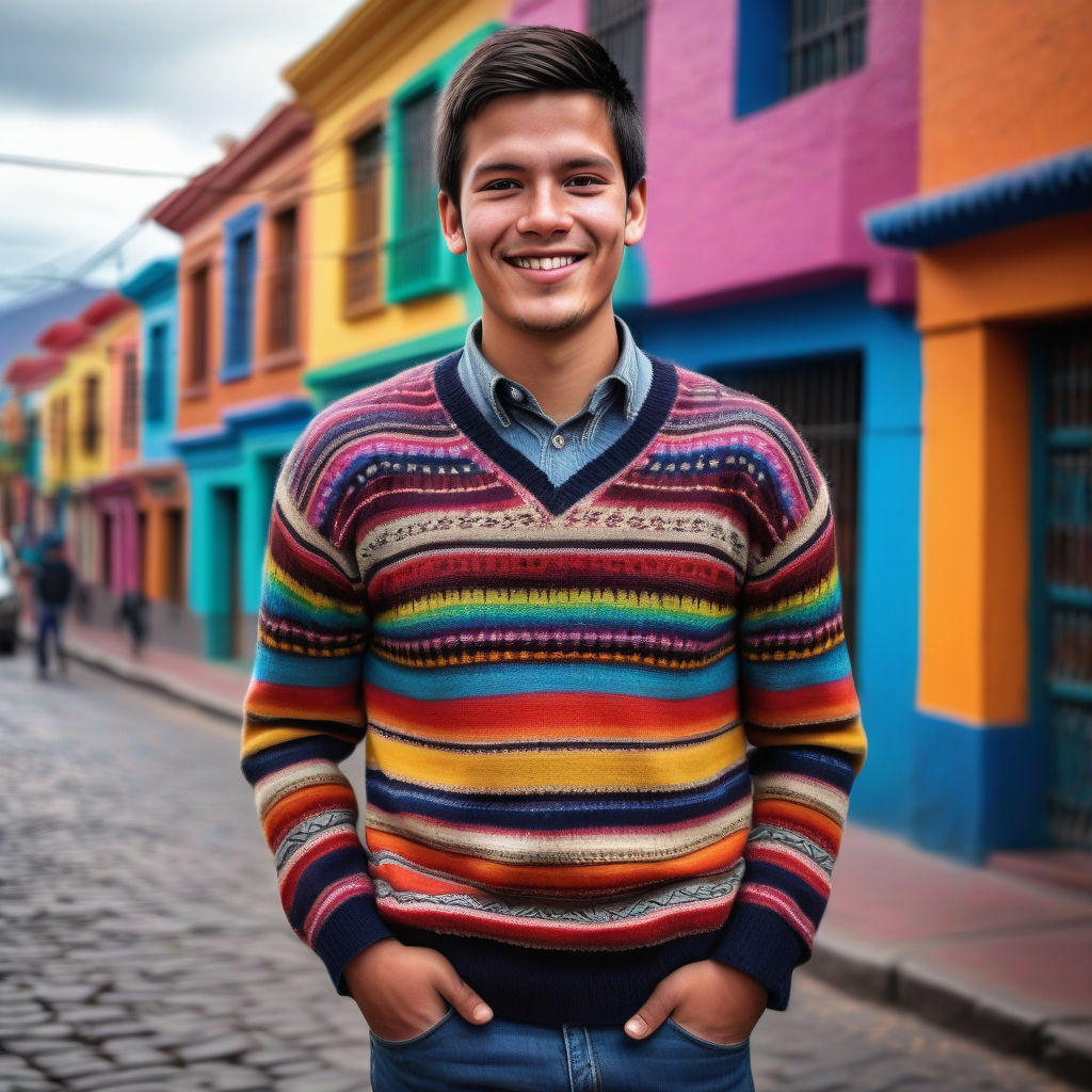 a young Bolivian man in his mid-20s. He has short, dark hair and a friendly smile. His outfit reflects modern Bolivian fashion: he is wearing a traditional alpaca sweater with vibrant patterns, paired with casual jeans and leather shoes. The background features a lively Bolivian street with colorful buildings and a vibrant atmosphere, capturing the essence of Bolivian culture and style.