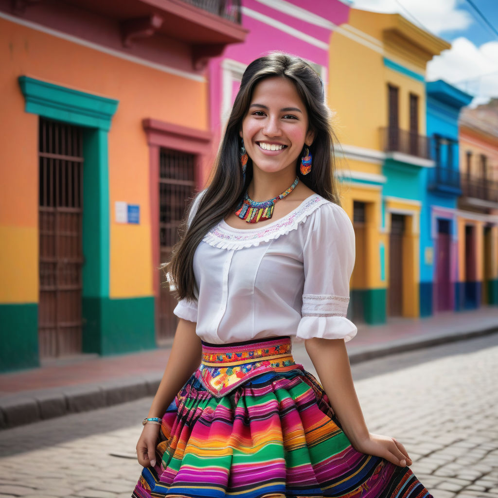 a young Bolivian woman in her mid-20s. She has long, dark hair and a bright smile. Her outfit reflects modern Bolivian fashion: she is wearing a traditional pollera skirt with vibrant patterns, paired with a fitted blouse and traditional jewelry. The background features a lively Bolivian street with colorful buildings and a vibrant atmosphere, capturing the essence of Bolivian culture and style.