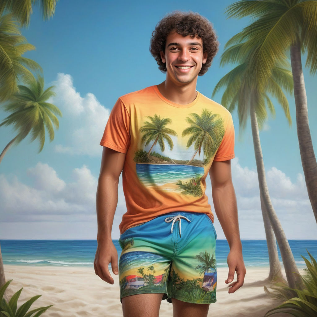 a young Brazilian man in his mid-20s. He has short, dark curly hair, a friendly smile, and is dressed in a casual, tropical outfit. He is wearing a colorful T-shirt with a beach motif, lightweight shorts, and flip-flops. He has a relaxed demeanor, reflecting the vibrant and laid-back Brazilian culture. The background features a sunny beach scene with palm trees, capturing the essence of Brazilian lifestyle.