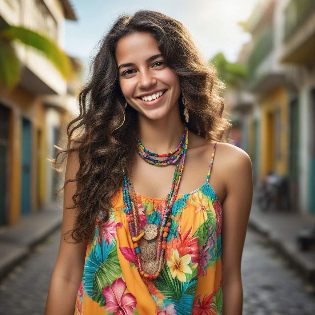 a young Brazilian woman in her mid-20s. She has long, wavy dark hair, a bright smile, and is dressed in a colorful, tropical outfit. She is wearing a vibrant summer dress with floral patterns, accessorized with a simple necklace and bracelets. Her relaxed and cheerful demeanor reflects the vibrant and lively Brazilian culture. The background features a sunny beach scene with palm trees, capturing the essence of Brazilian lifestyle.