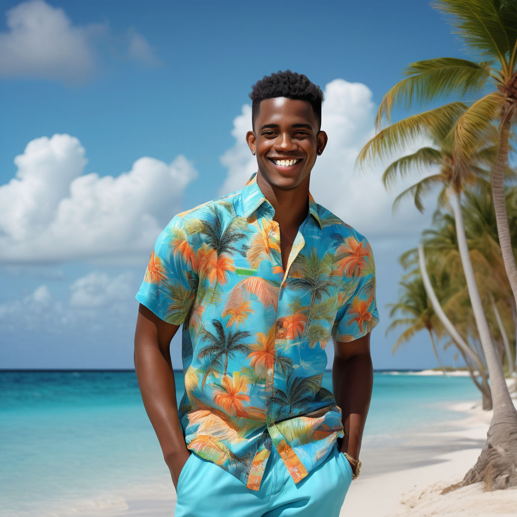 a young Bahamian man in his mid-20s from the Bahamas. He has short, curly black hair and a warm smile. His outfit reflects modern Bahamian fashion: he is wearing a colorful, tropical shirt paired with lightweight trousers and sandals. The background features a picturesque Bahamian beach with palm trees and clear blue water, capturing the essence of Bahamian culture and style.