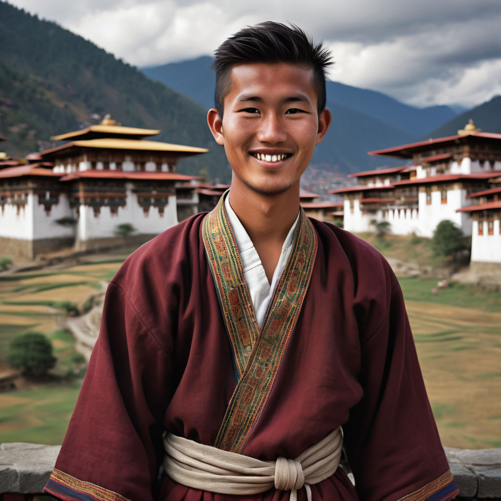 a young Bhutanese man in his mid-20s from Bhutan. He has short, dark hair and a friendly smile. His outfit reflects traditional Bhutanese fashion: wearing a gho, a knee-length robe tied with a traditional belt. The background features a picturesque Bhutanese landscape with mountains and traditional architecture, capturing the essence of Bhutanese culture and style.