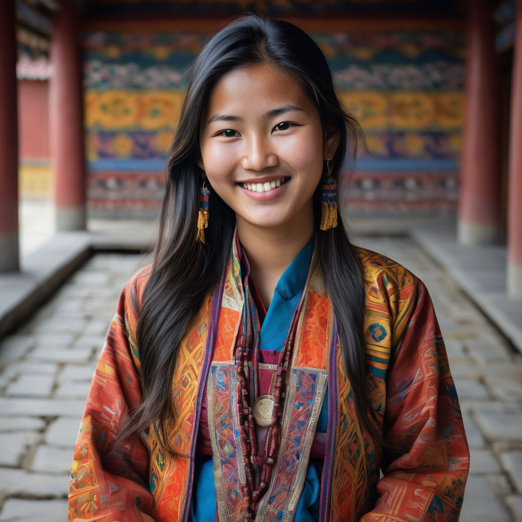 a young Bhutanese woman in her mid-20s from Bhutan. She has long, dark hair and a bright smile. Her outfit reflects traditional Bhutanese fashion: she is wearing a kira, a long, ankle-length dress with intricate patterns, paired with a wonju (blouse) and a tego (jacket). The background features a picturesque Bhutanese landscape with mountains and traditional architecture, capturing the essence of Bhutanese culture and style.